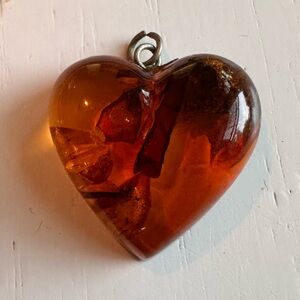 Amber Puffed Heart with Sterling Silver Cognac Color Pendant/Charm